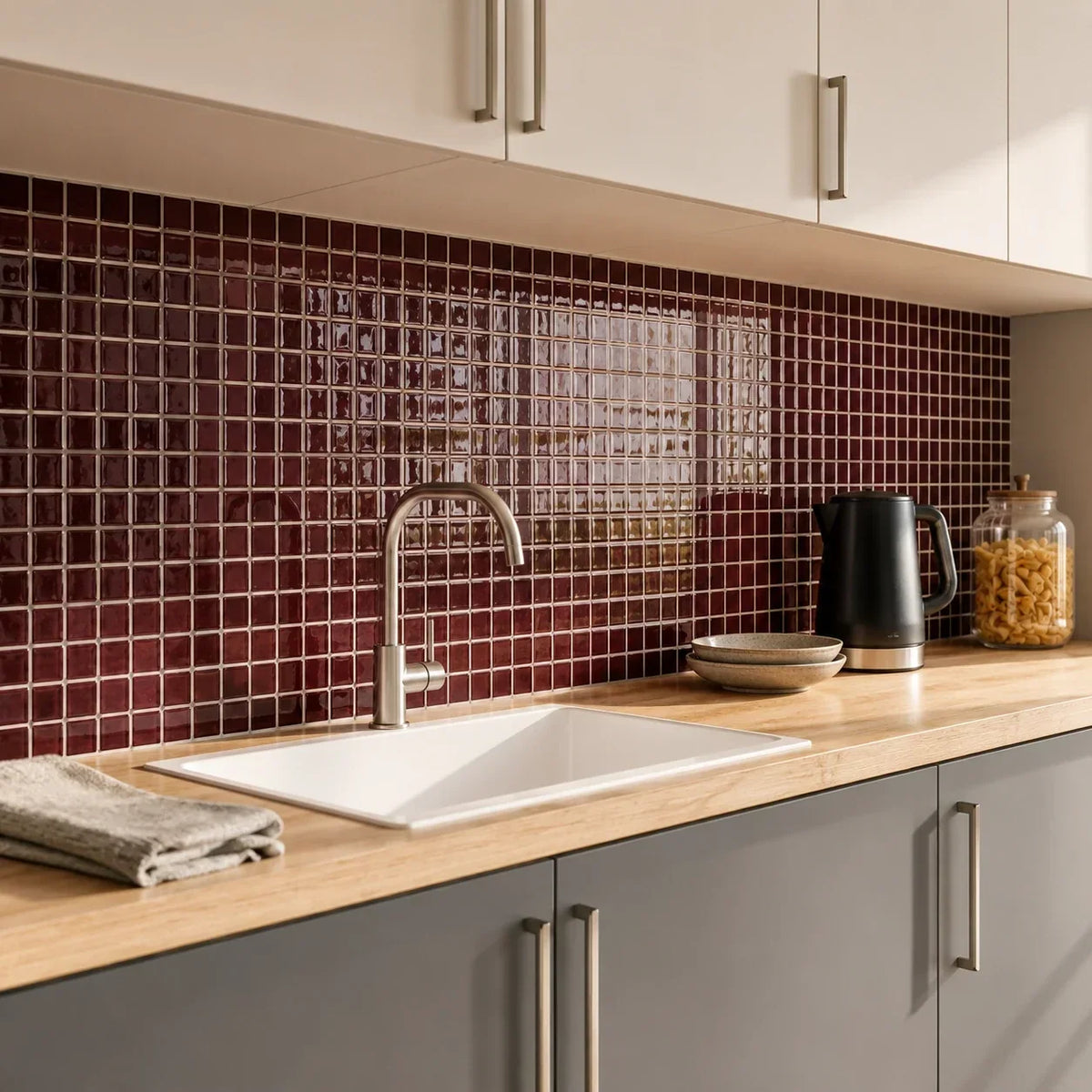 Crédence de cuisine en carrelage adhésif mosaïque bordeaux Image