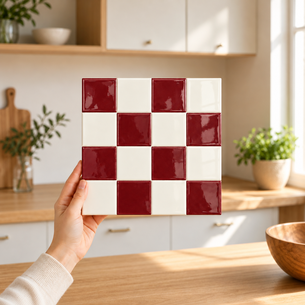 Mosaëla – Carrelage mural adhésif 3D damier bordeaux