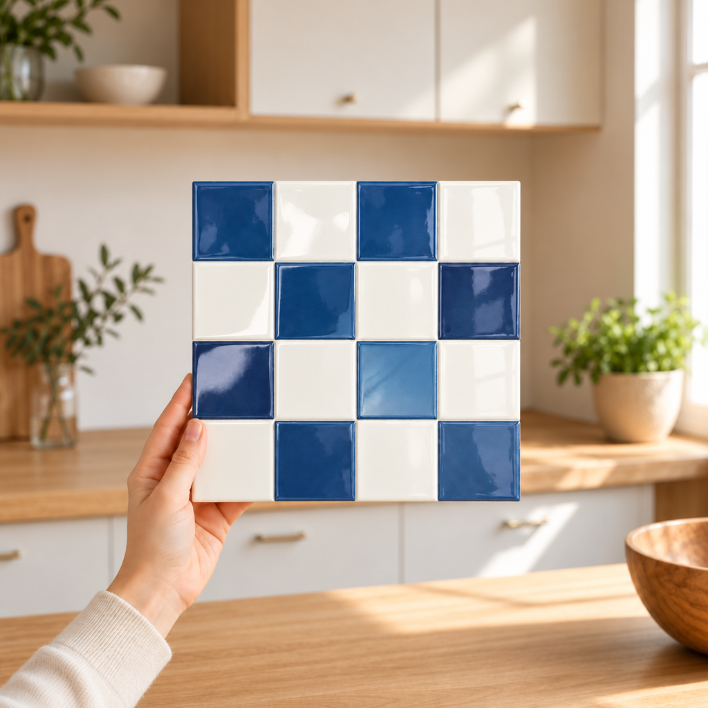 Mosaëla – Carrelage mural adhésif 3D damier bleu saphir