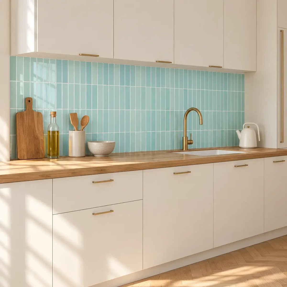 Stria – Carrelage mural adhésif 3D vert d'eau – détail ou mise en situation, vue 2