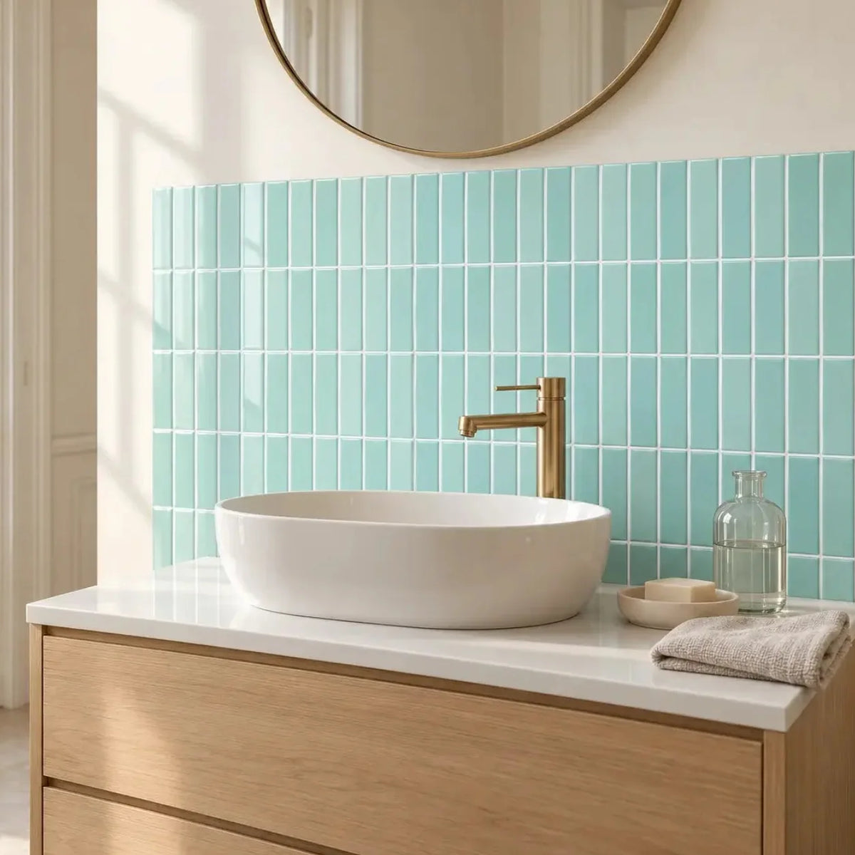 Stria – Carrelage mural adhésif 3D vert d'eau – détail ou mise en situation, vue 4