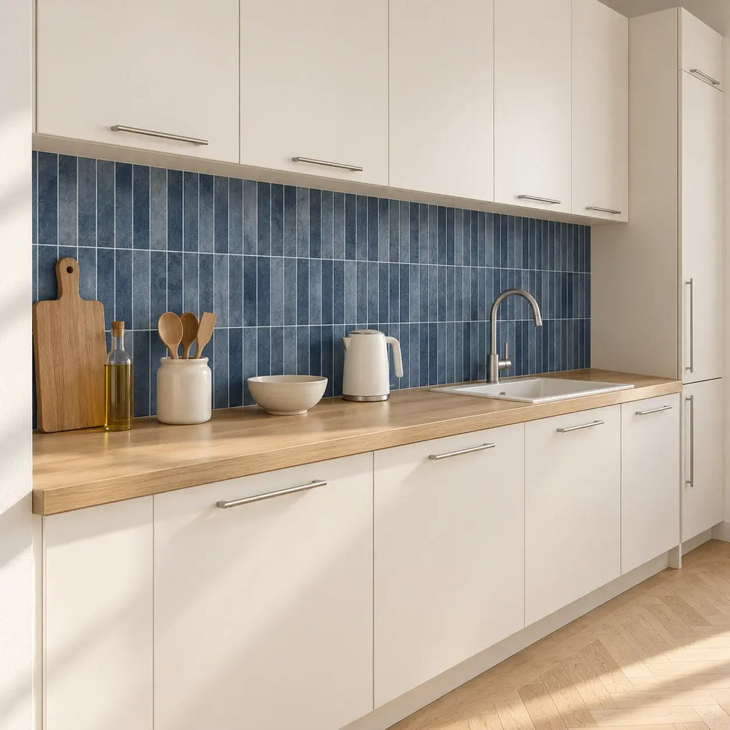 Stria – Carrelage mural adhésif 3D bleu indigo – détail ou mise en situation, vue 2