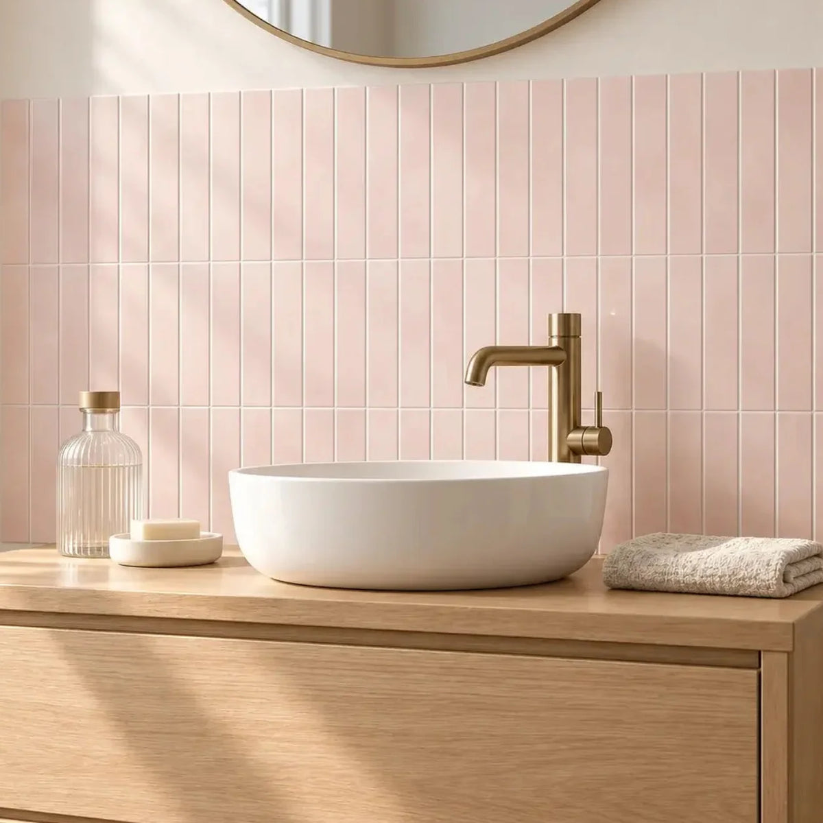 Stria – Carrelage mural adhésif 3D rose poudré – détail ou mise en situation, vue 4