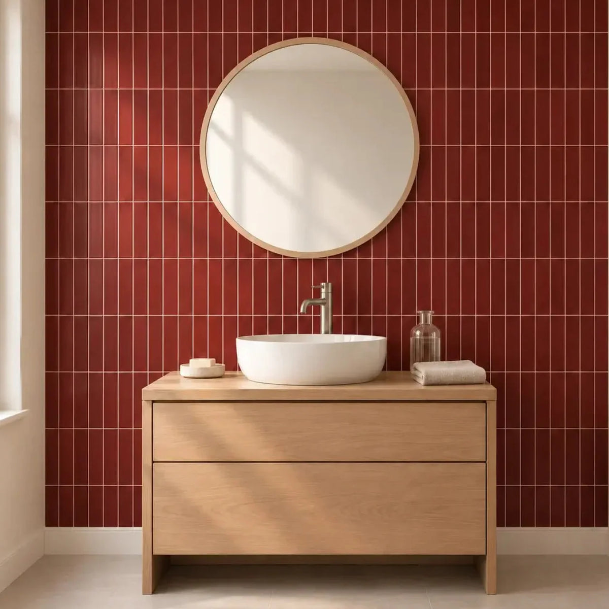 Stria – Carrelage mural adhésif 3D rouge bordeaux – détail ou mise en situation, vue 4