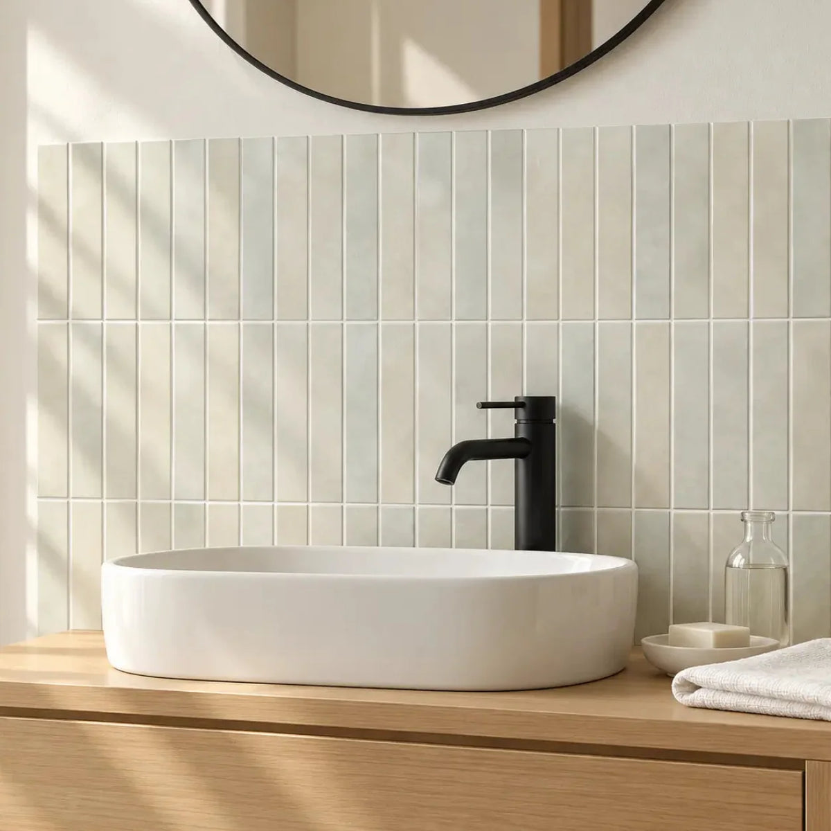 Stria – Carrelage mural adhésif 3D vert grisé – détail ou mise en situation, vue 4