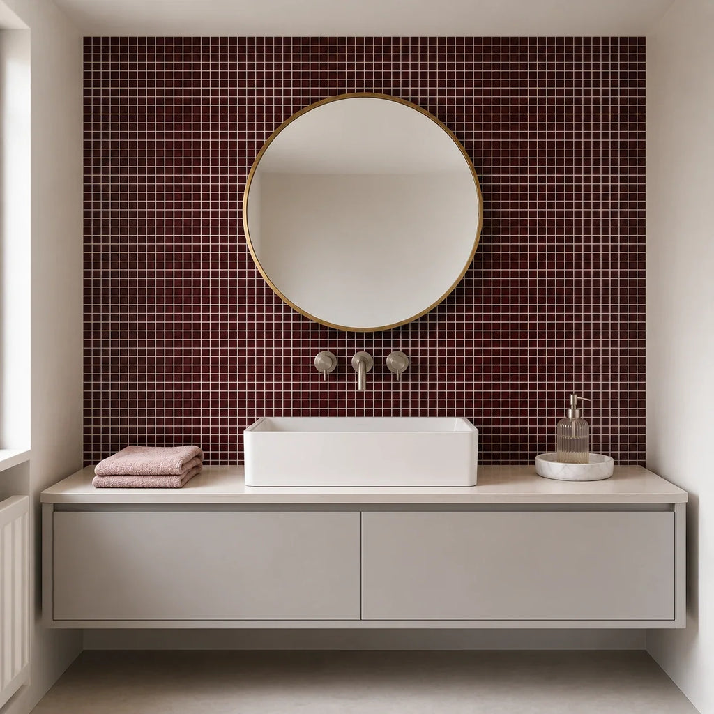 Mosaïca – Carrelage mural adhésif 3D rouge bordeaux – détail ou mise en situation, vue 3