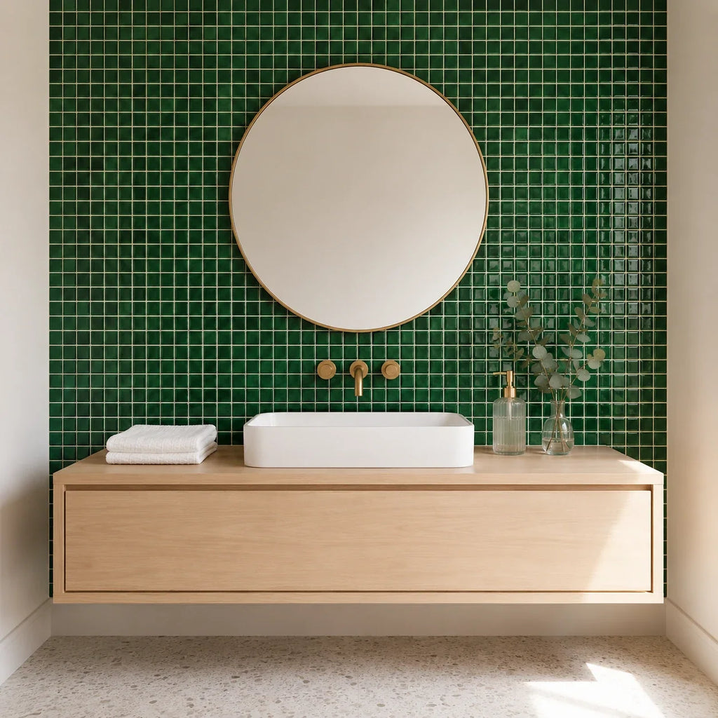 Mosaïca – Carrelage mural adhésif 3D vert bouteille – détail ou mise en situation, vue 3