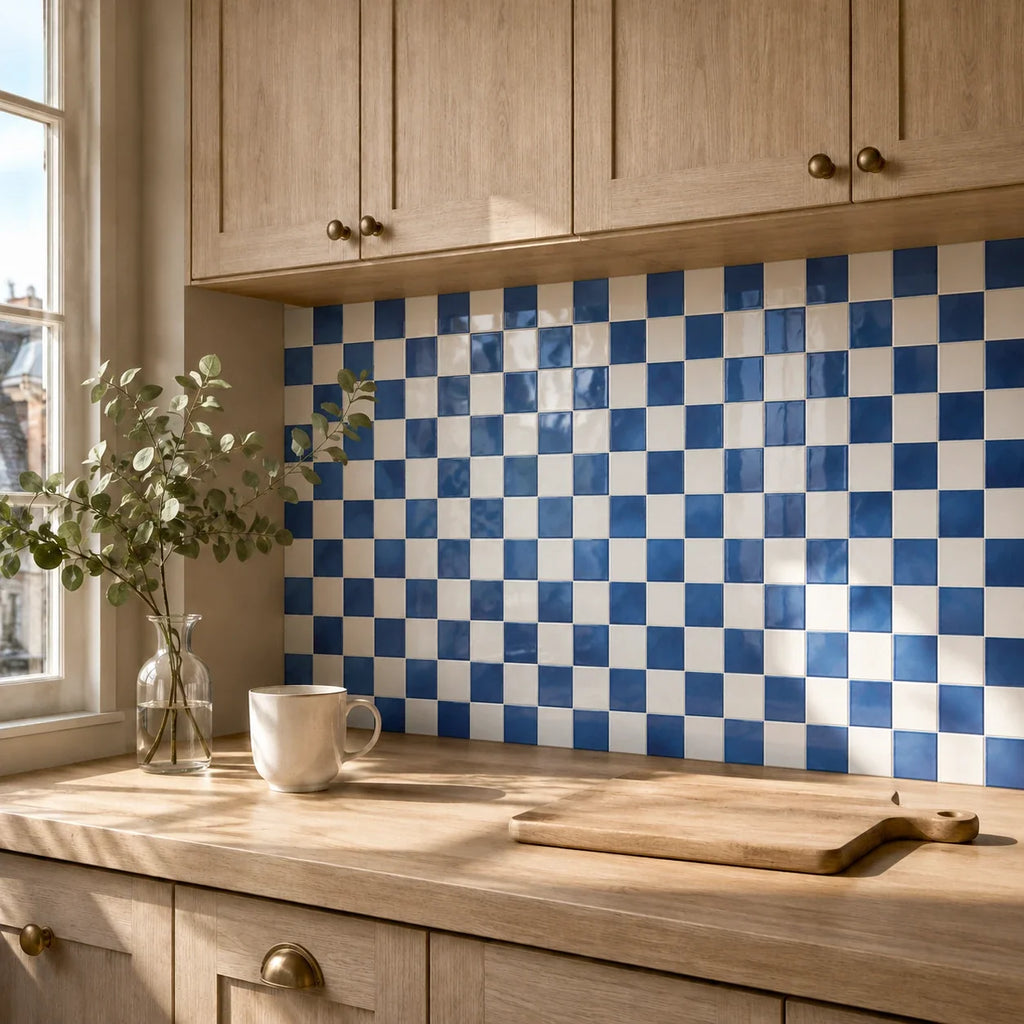 Mosaïca – Carrelage mural adhésif 3D damier bleu saphir – détail ou mise en situation, vue 2