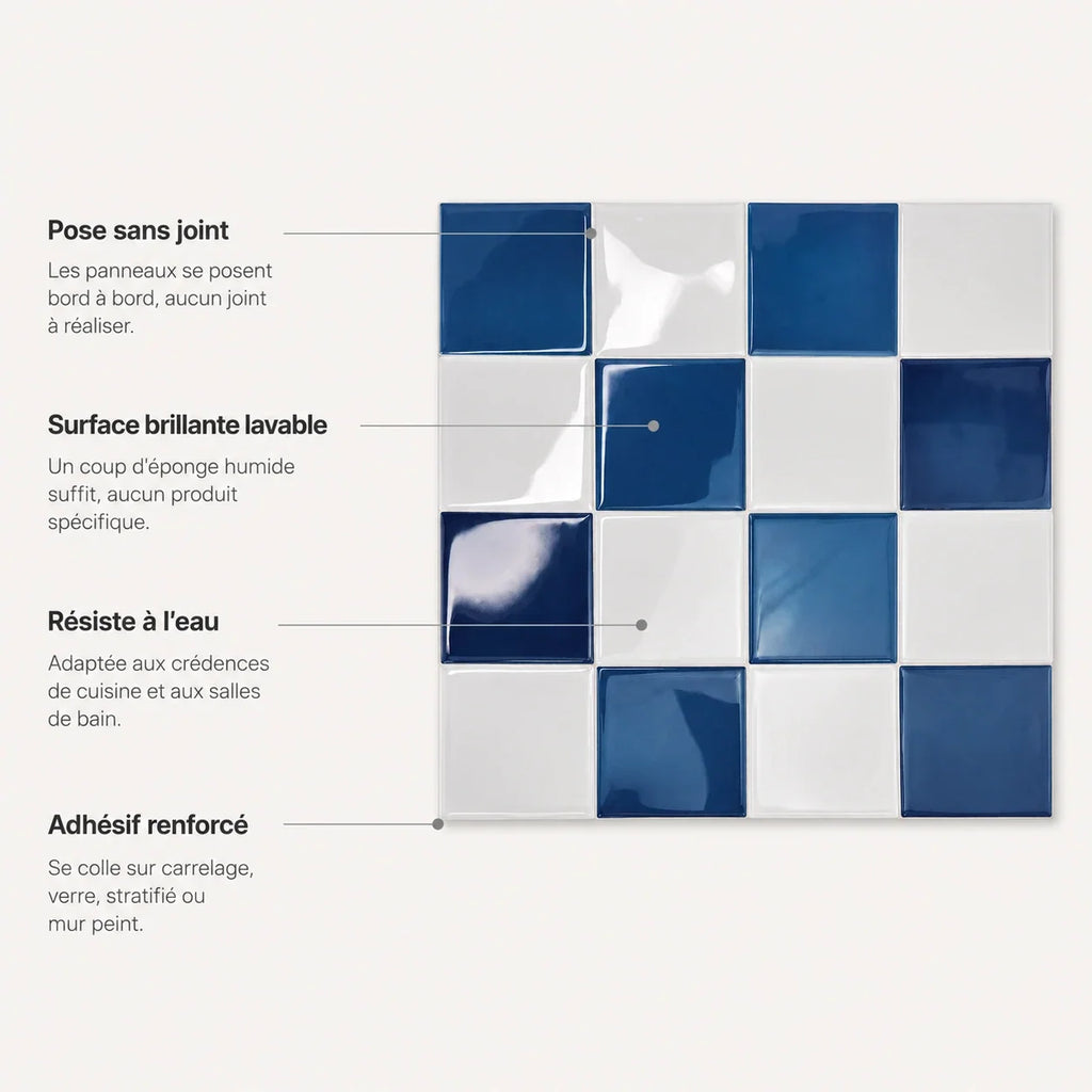 Mosaïca – Carrelage mural adhésif 3D damier bleu saphir – détail ou mise en situation, vue 5
