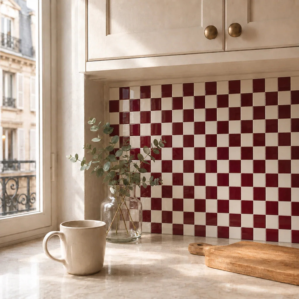 Mosaïca – Carrelage mural adhésif 3D damier bordeaux – détail ou mise en situation, vue 2