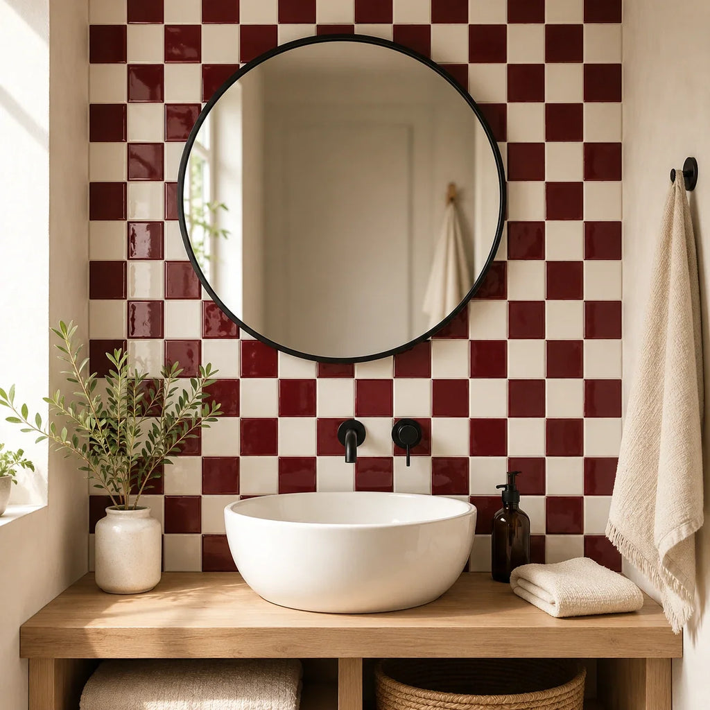 Mosaïca – Carrelage mural adhésif 3D damier bordeaux – détail ou mise en situation, vue 3