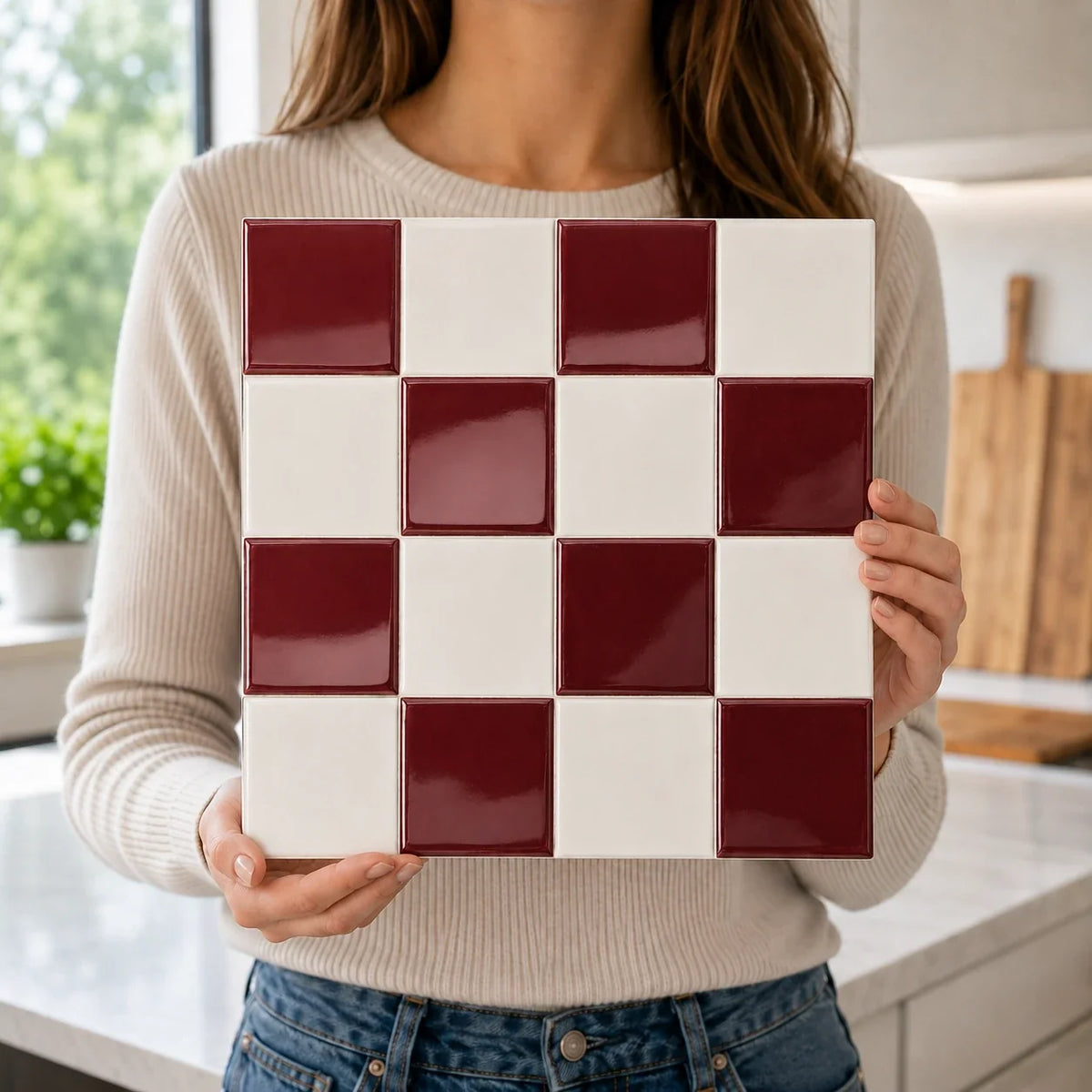 Mosaïca – Carrelage mural adhésif 3D damier bordeaux – détail ou mise en situation, vue 4