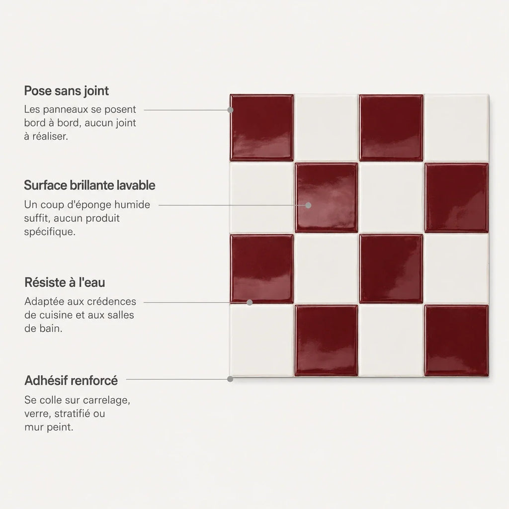 Mosaïca – Carrelage mural adhésif 3D damier bordeaux – détail ou mise en situation, vue 5