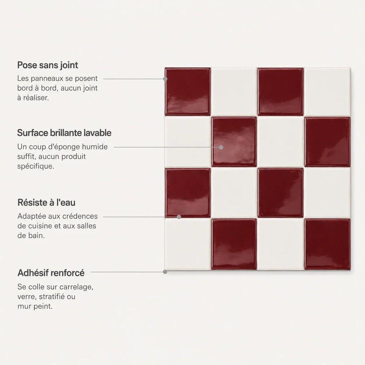 Mosaïca – Carrelage mural adhésif 3D damier bordeaux – détail ou mise en situation, vue 5