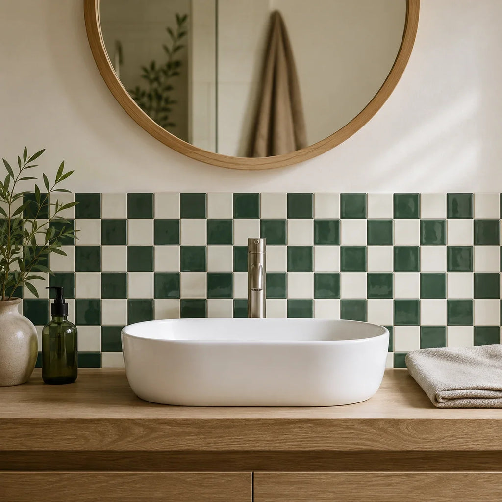 Mosaïca – Carrelage mural adhésif 3D damier vert sapin – détail ou mise en situation, vue 3