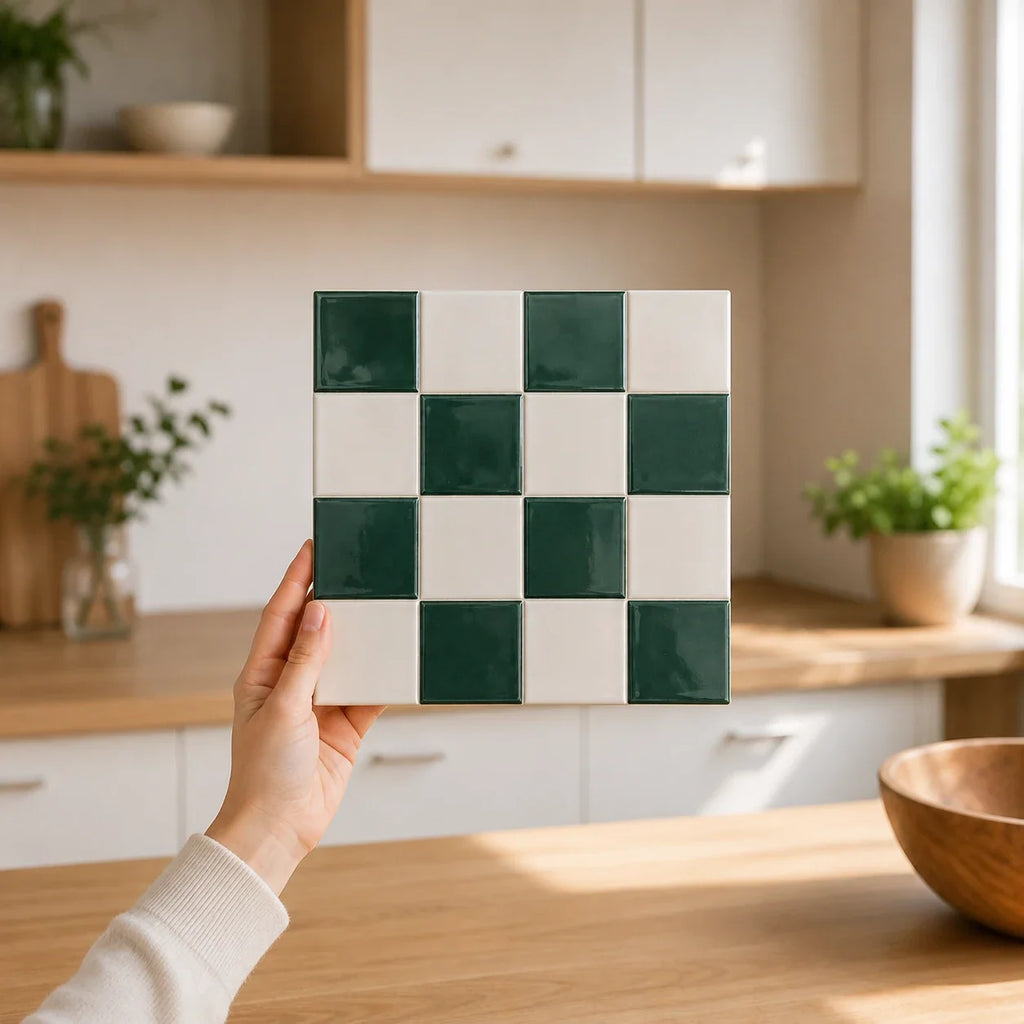 Mosaïca – Carrelage mural adhésif 3D damier vert sapin – détail ou mise en situation, vue 4