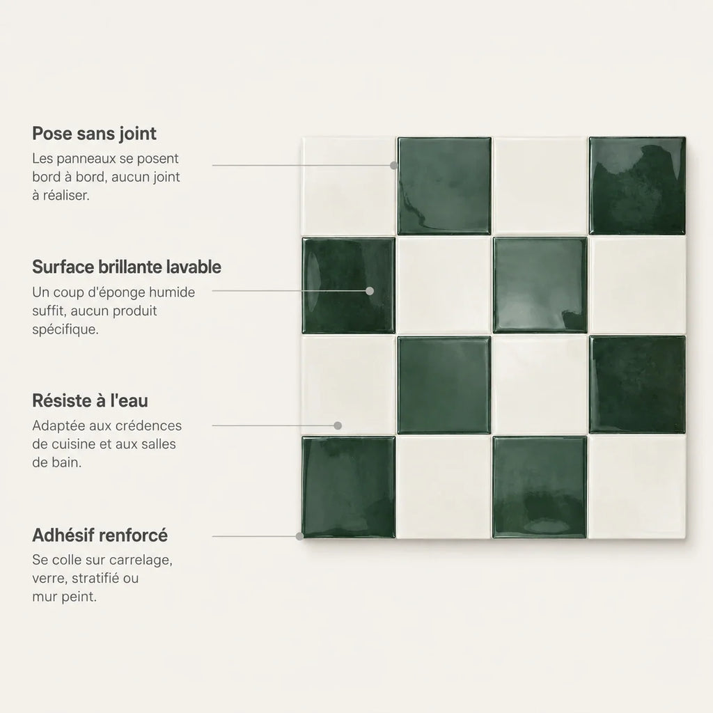 Mosaïca – Carrelage mural adhésif 3D damier vert sapin – détail ou mise en situation, vue 5