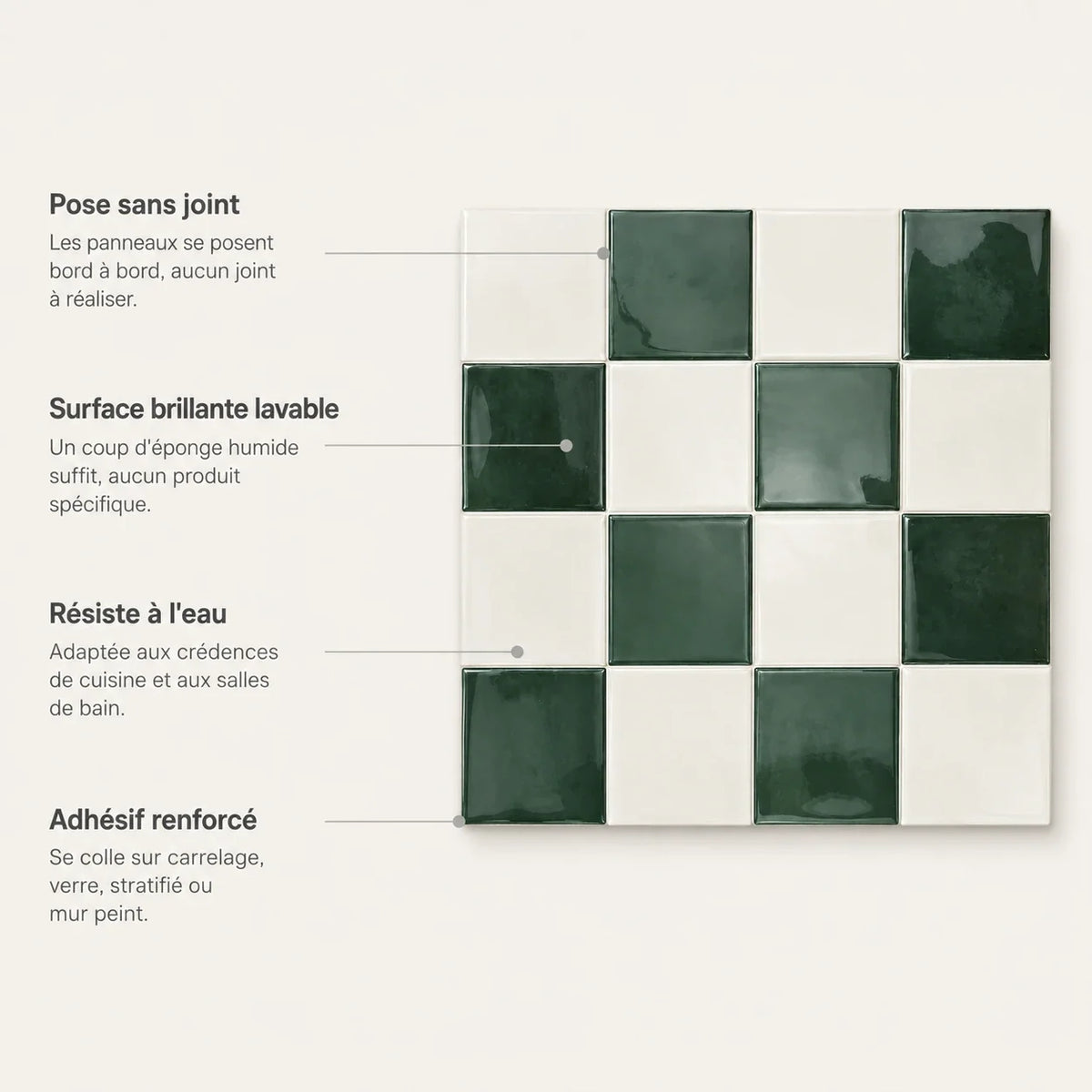 Mosaïca – Carrelage mural adhésif 3D damier vert sapin – détail ou mise en situation, vue 5