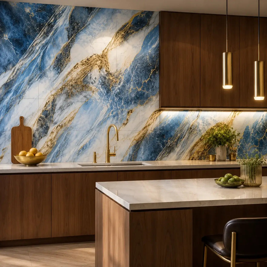 Minéra – Carrelage mural adhésif effet marbre bleu doré – détail ou mise en situation, vue 3
