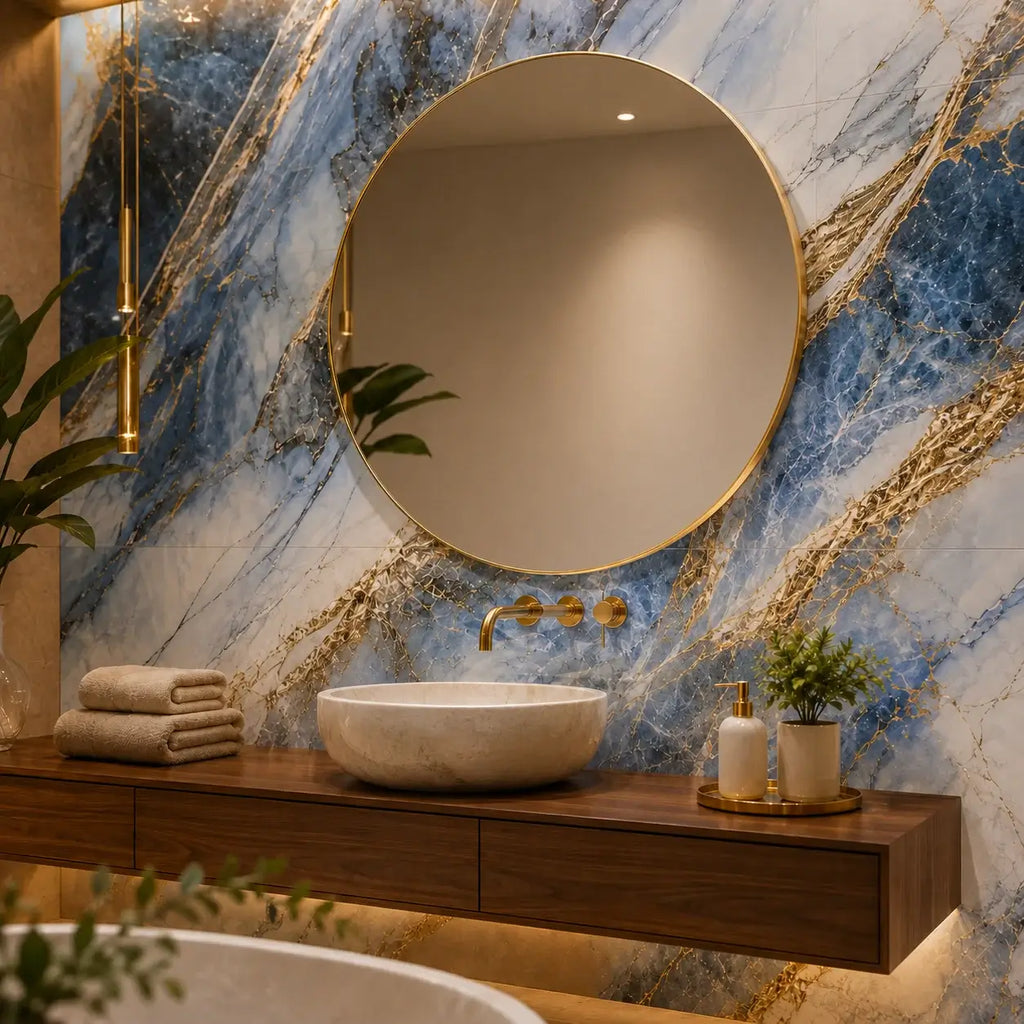Minéra – Carrelage mural adhésif effet marbre bleu doré – détail ou mise en situation, vue 2