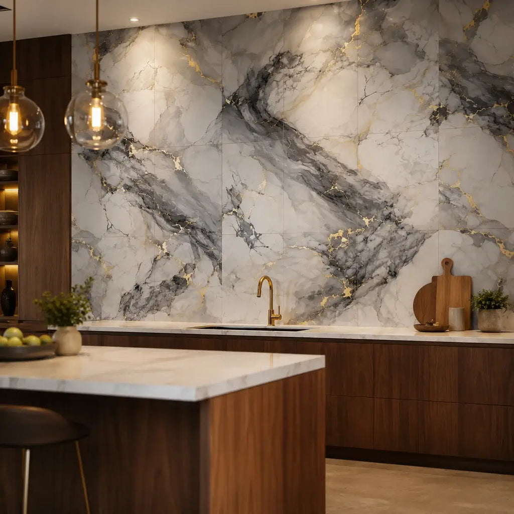 Minéra – Carrelage mural adhésif effet marbre gris doré – détail ou mise en situation, vue 3