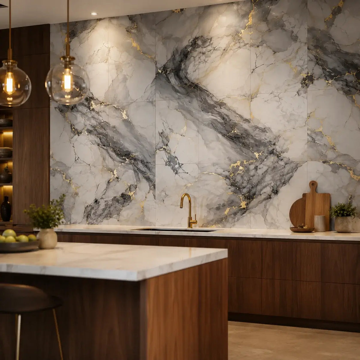 Minéra – Carrelage mural adhésif effet marbre gris doré – détail ou mise en situation, vue 3