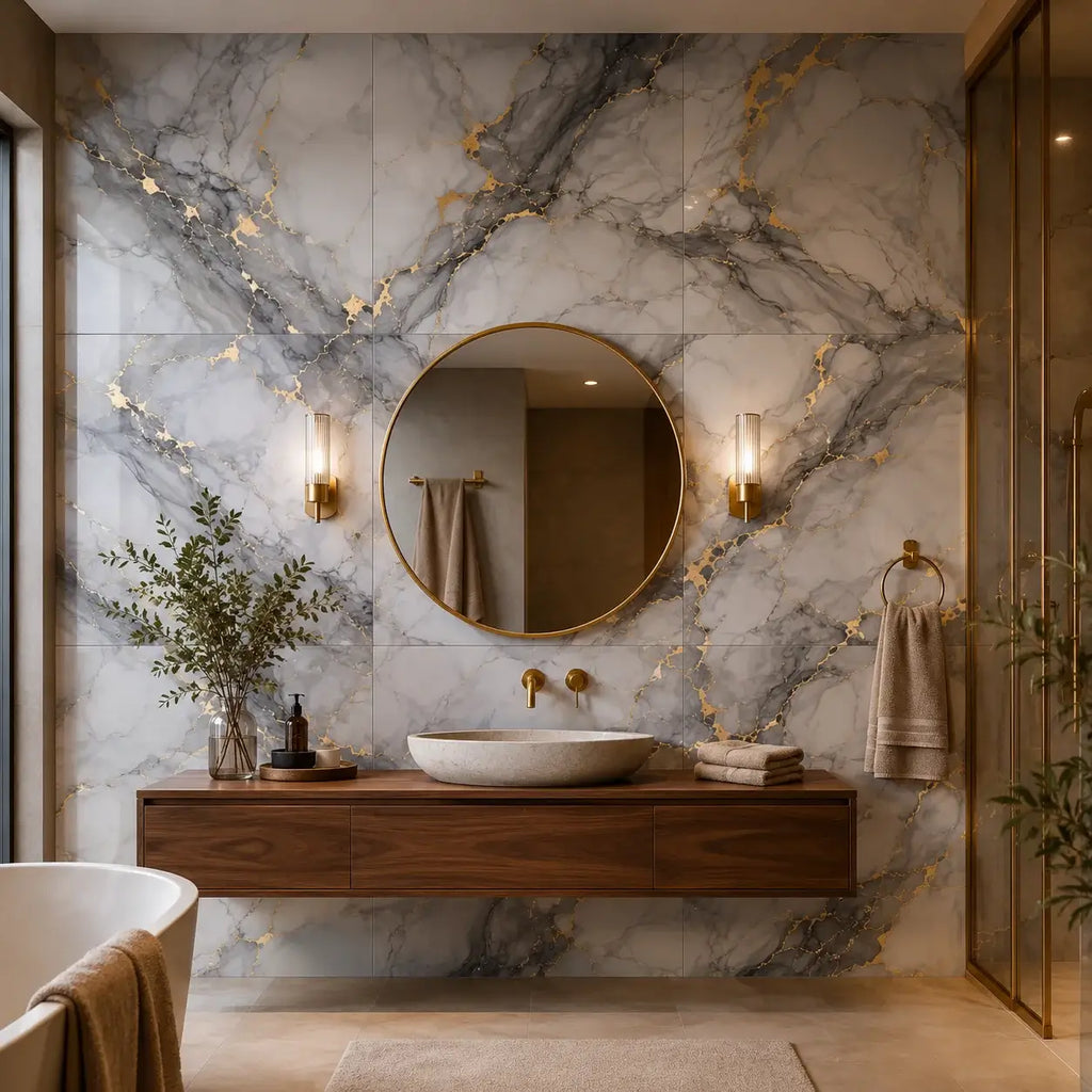 Minéra – Carrelage mural adhésif effet marbre gris doré – détail ou mise en situation, vue 2
