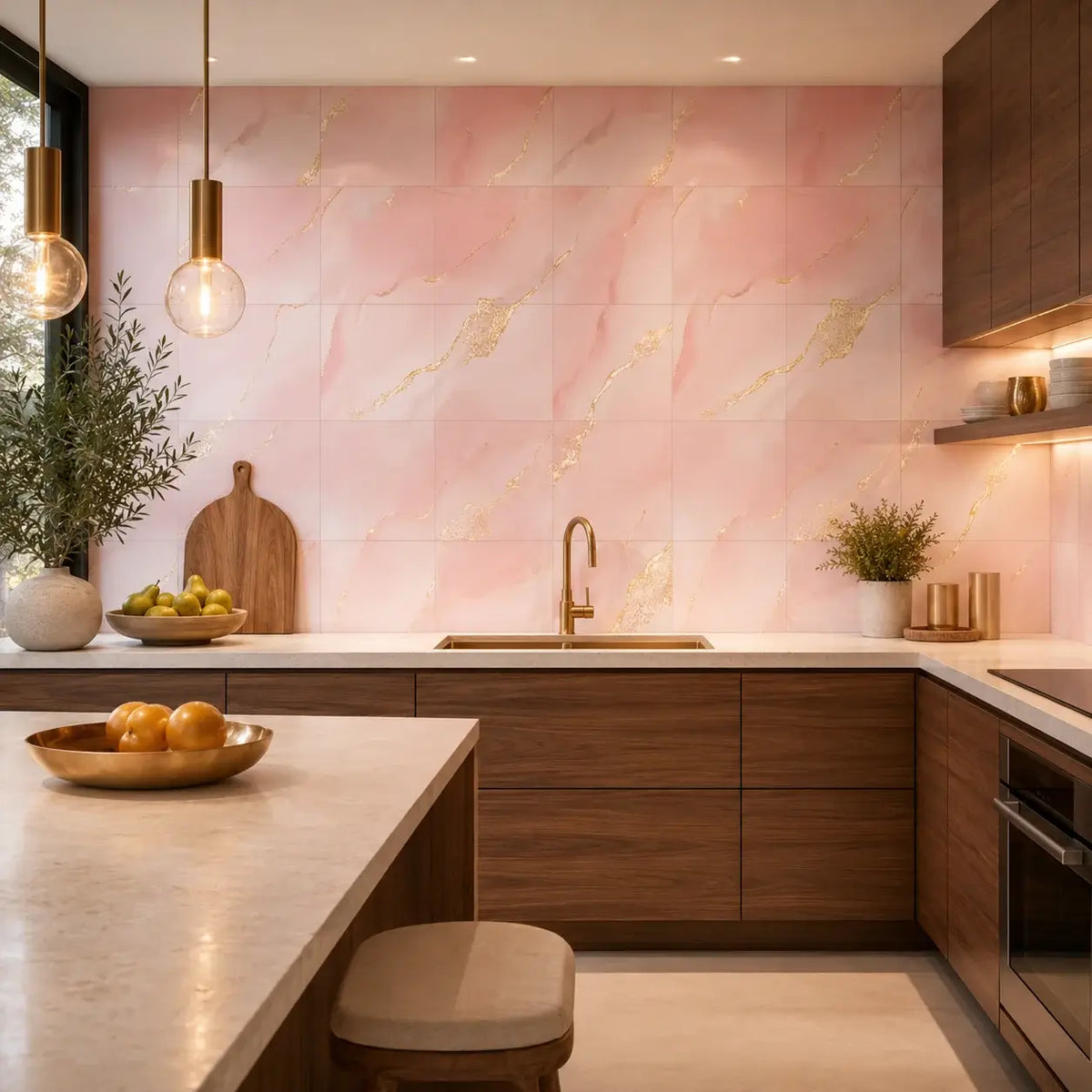 Minéra – Carrelage mural adhésif effet marbre rose doré – détail ou mise en situation, vue 3