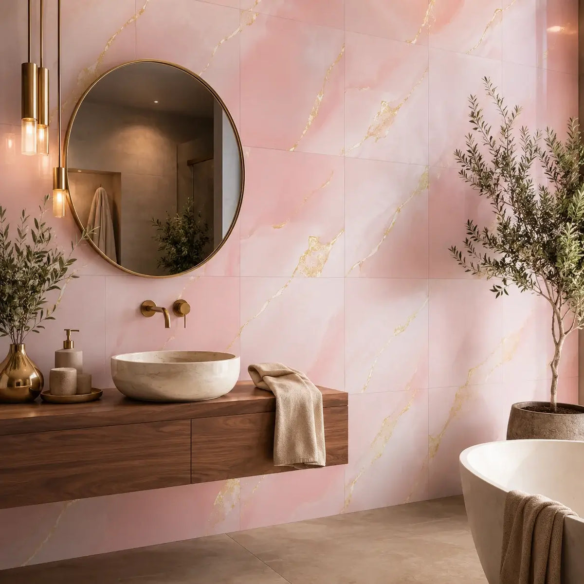 Minéra – Carrelage mural adhésif effet marbre rose doré – détail ou mise en situation, vue 2