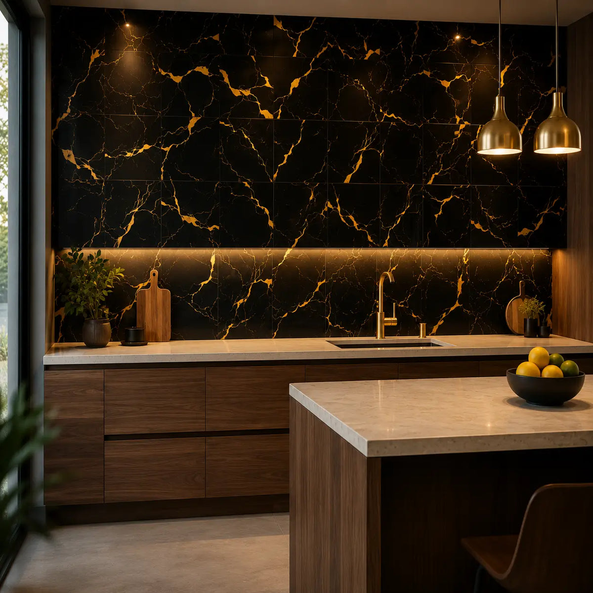 Minéra – Carrelage mural adhésif effet marbre noir doré – détail ou mise en situation, vue 3