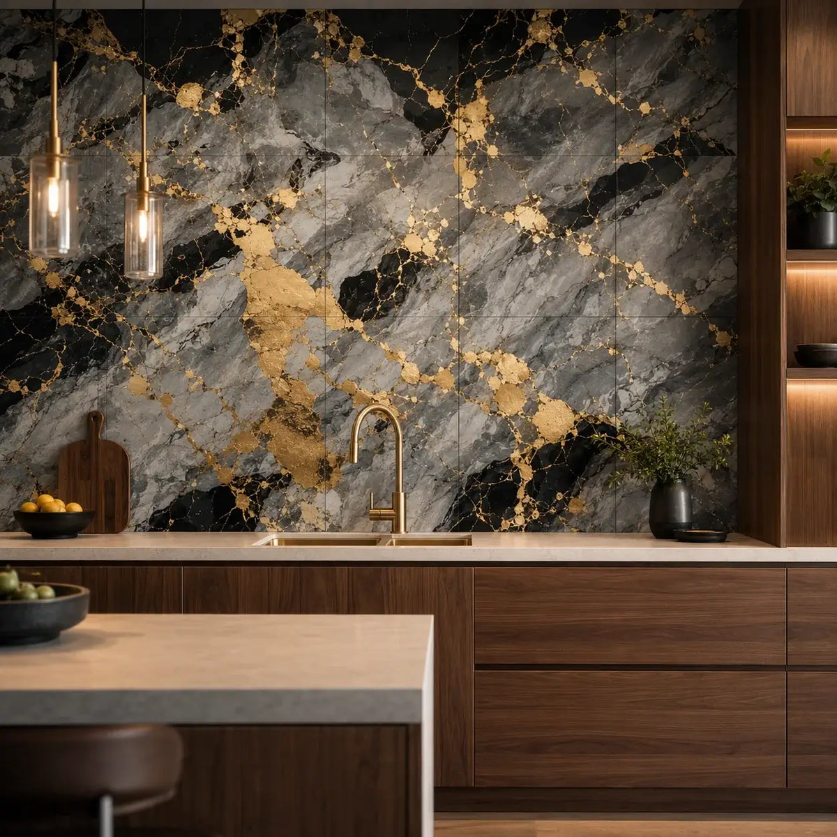 Minéra – Carrelage mural adhésif effet marbre graphite doré – détail ou mise en situation, vue 3