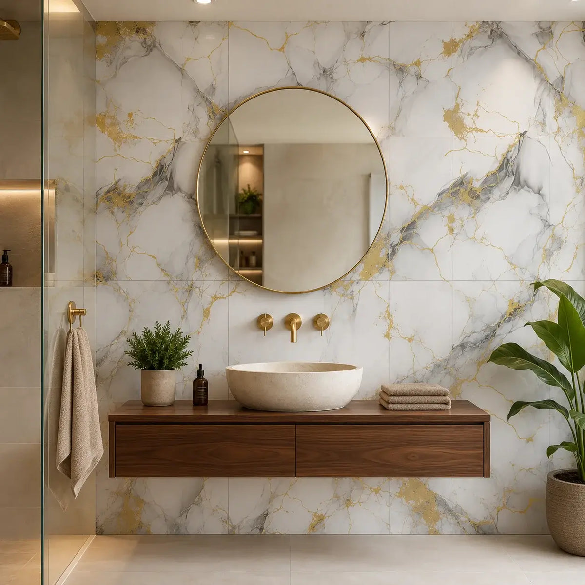 Minéra – Carrelage mural adhésif effet marbre blanc doré – détail ou mise en situation, vue 2