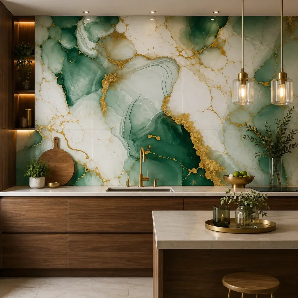 Minéra – Carrelage mural adhésif effet marbre vert doré – détail ou mise en situation, vue 3