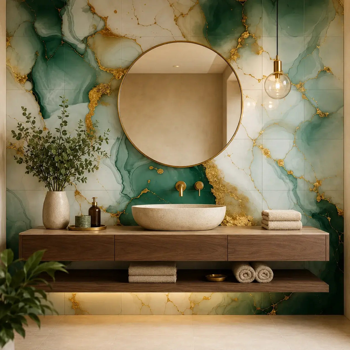 Minéra – Carrelage mural adhésif effet marbre vert doré – détail ou mise en situation, vue 2